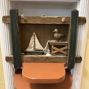 Rustic Nautical Handcrafted Wall Decor with Sailboat, Seagull, Fish Net, Shells